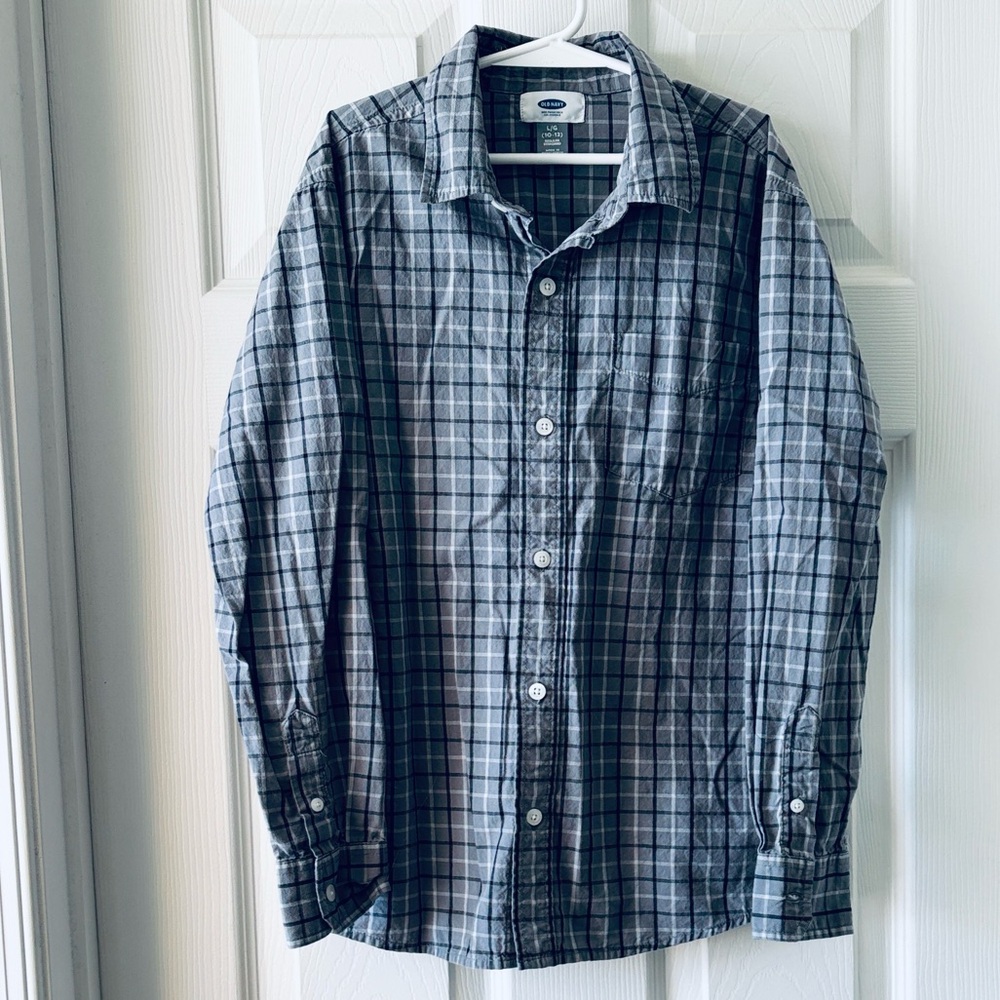 Old Navy Boy Gray Plaid Button Down Shirt